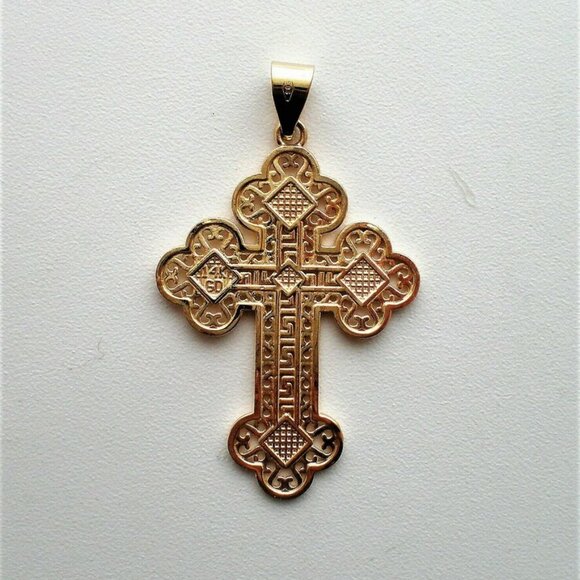 Vintage LARGE Designer 14K Yellow Gold Russian Orthodox Filigree Cross Pendant P - Picture 3 of 3